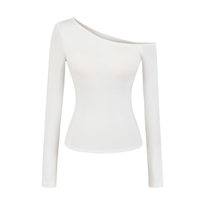 Off-Shoulder Solid Padded T-Shirt with Long Sleeves