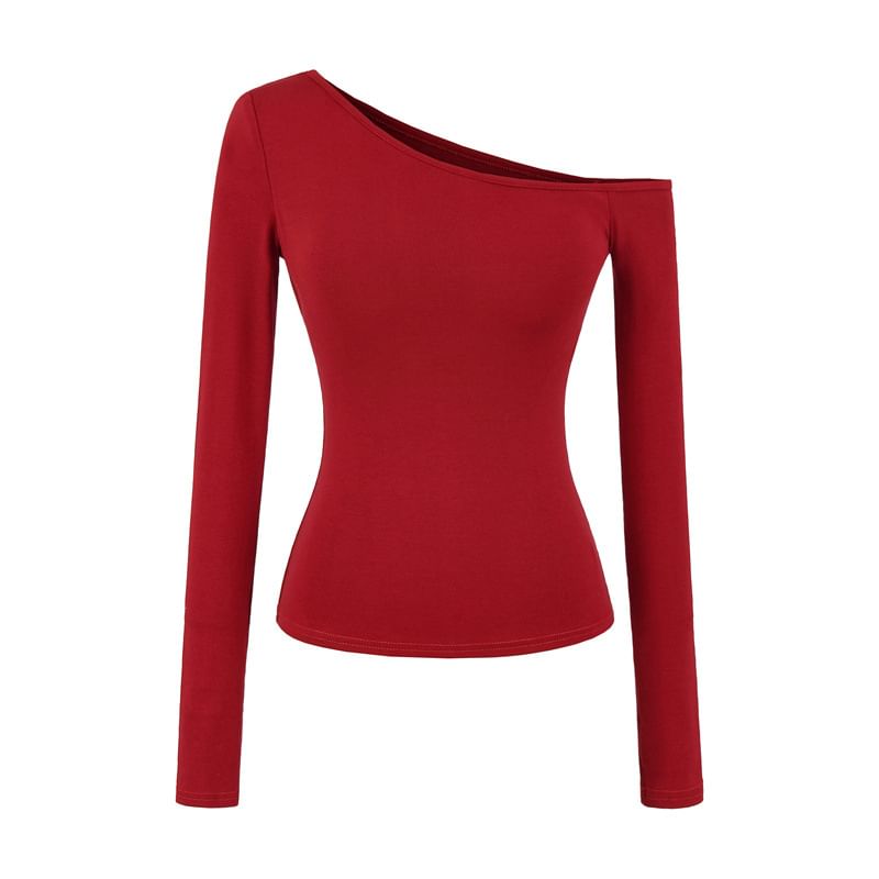 Off-Shoulder Solid Padded T-Shirt with Long Sleeves