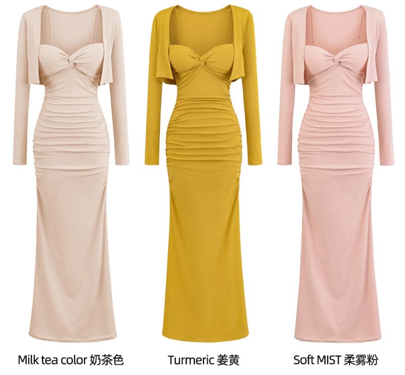 Set: Plain Open Front Crop Cardigan + Spaghetti Strap V-Neck Ruched Maxi Bodycon Dress