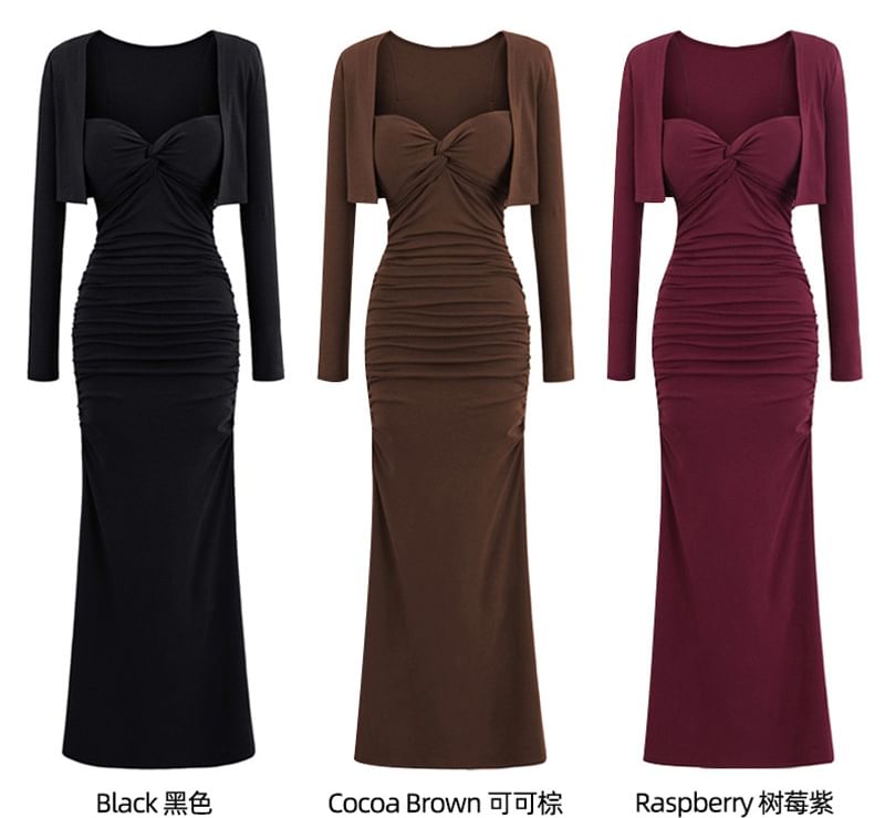 Set: Plain Open Front Crop Cardigan + Spaghetti Strap V-Neck Ruched Maxi Bodycon Dress