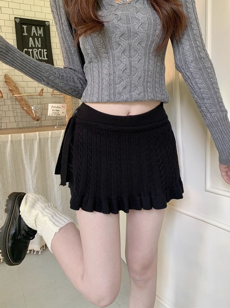 Set: Elastic Waist Knit Shorts and Cable Knit Wrap Skirt
