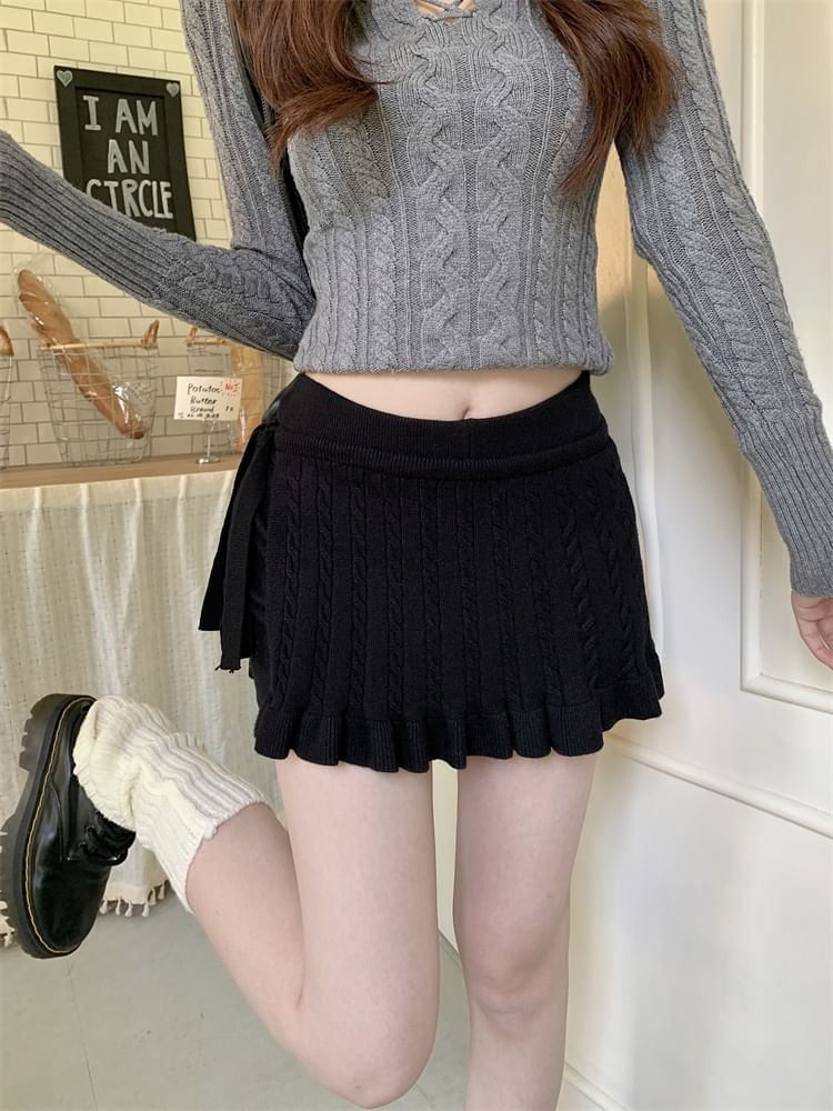 Set: Elastic Waist Knit Shorts and Cable Knit Wrap Skirt