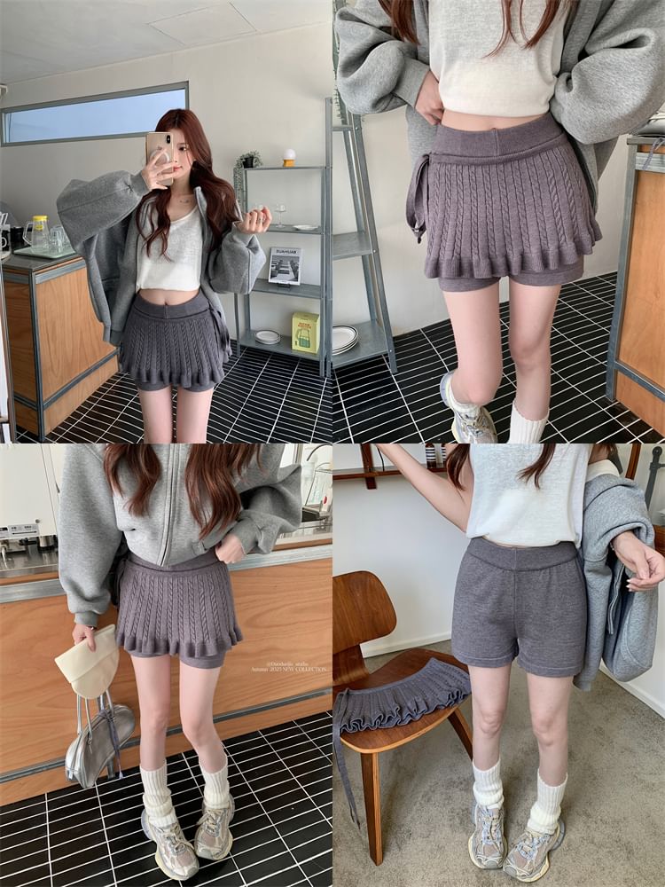 Set: Elastic Waist Knit Shorts and Cable Knit Wrap Skirt