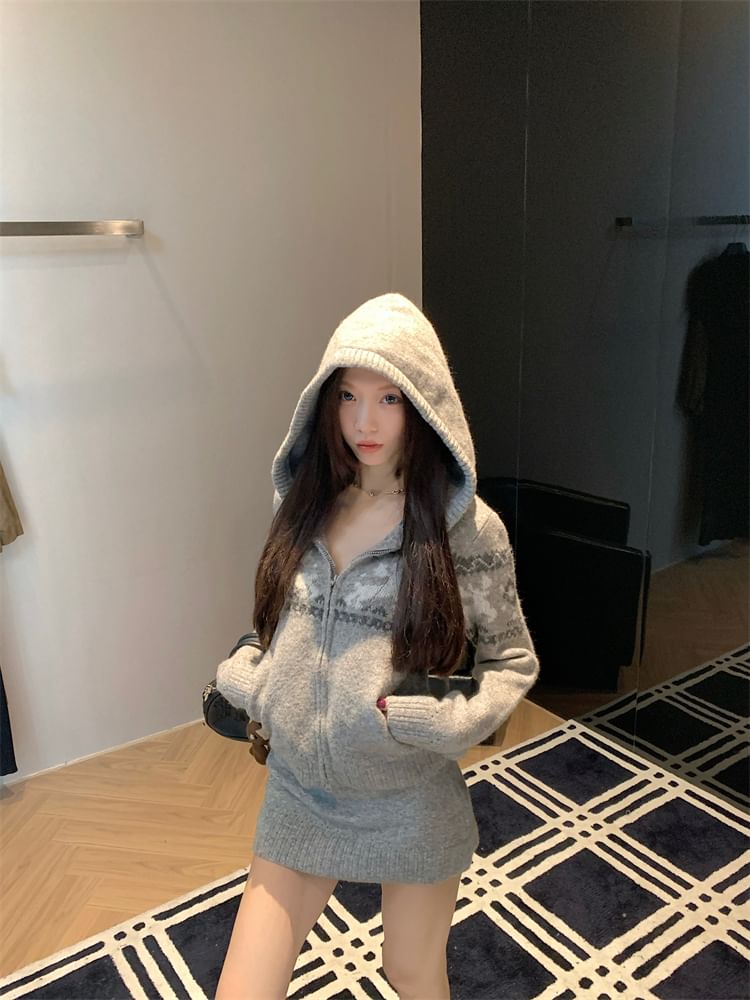 Jacquard Drawstring Hooded Cardigan and Knit Pencil Skirt Set