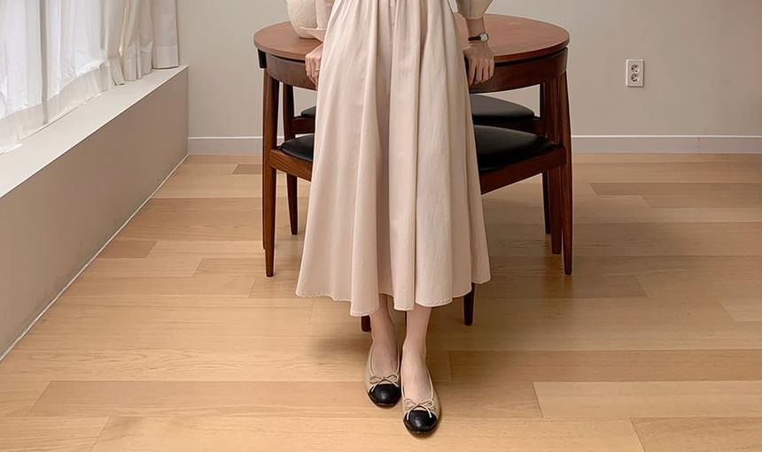 Long Sleeve Collared Plain Gathered Maxi A-Line Shirt Dress