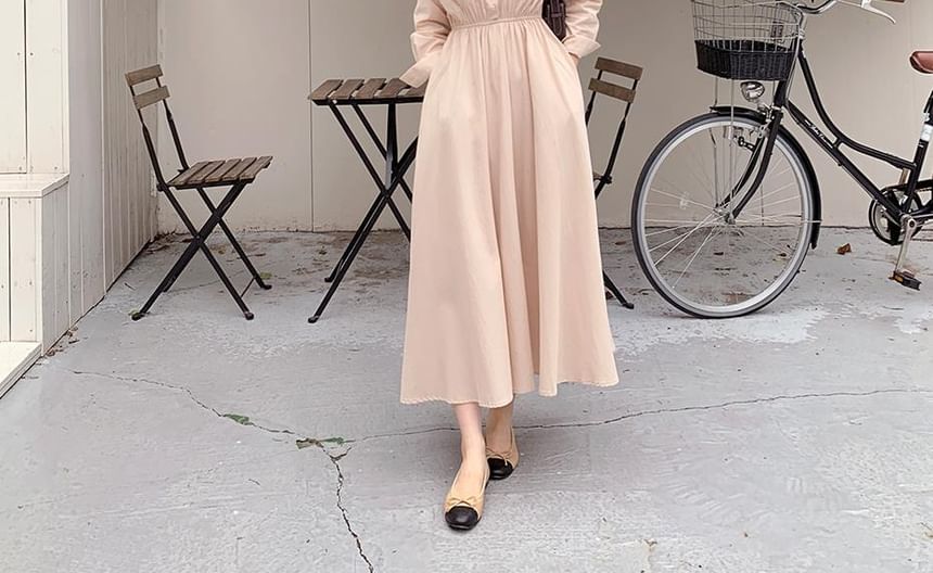 Long Sleeve Collared Plain Gathered Maxi A-Line Shirt Dress