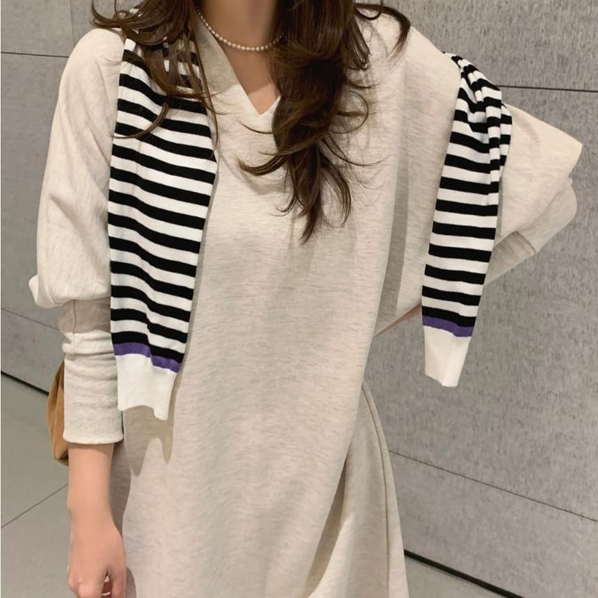 Long Sleeve Plain Slit Maxi Loose Fit Dress