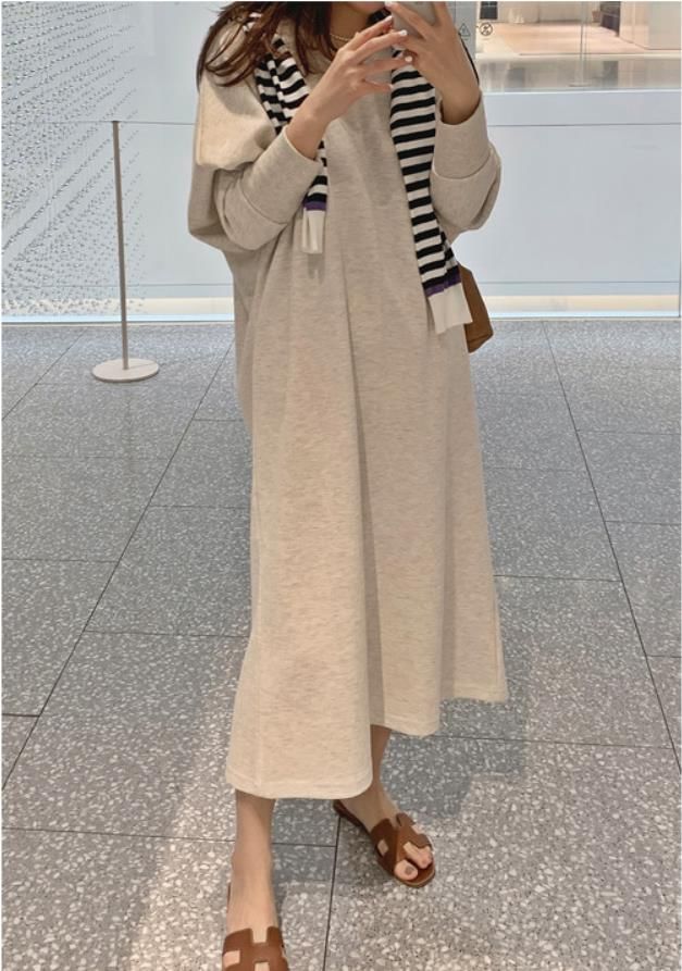 Long Sleeve Plain Slit Maxi Loose Fit Dress