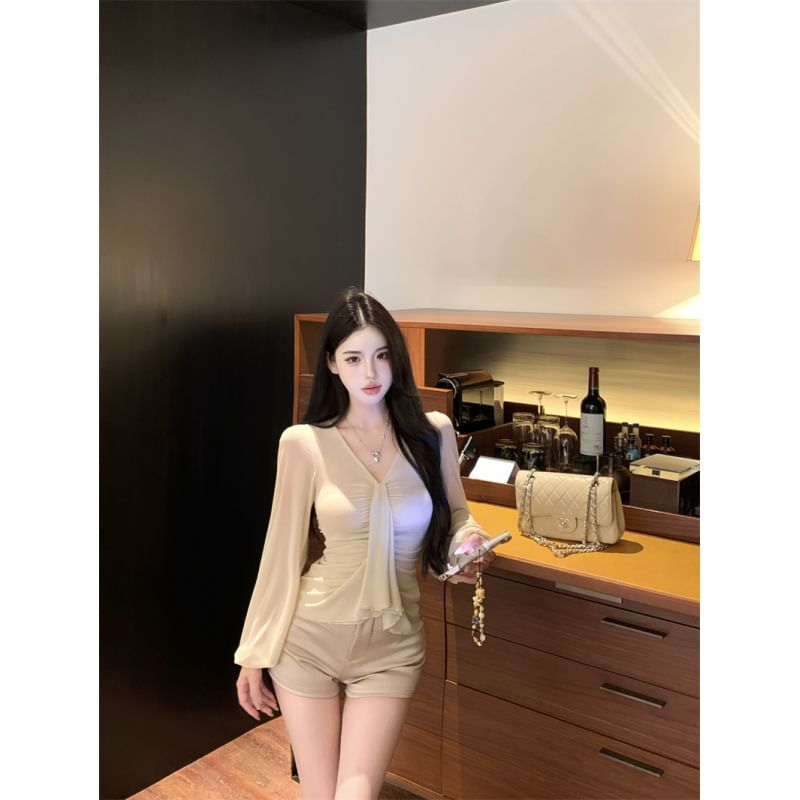 Long-Sleeved V-Neck T-Shirt with Ruched Detailing, Solid Hue