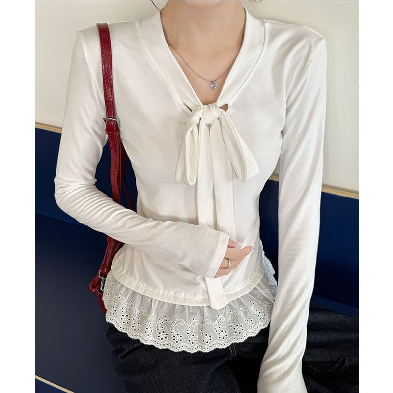 V-Neck Long-Sleeved Tee with Tie-Front and Eyelet Trim