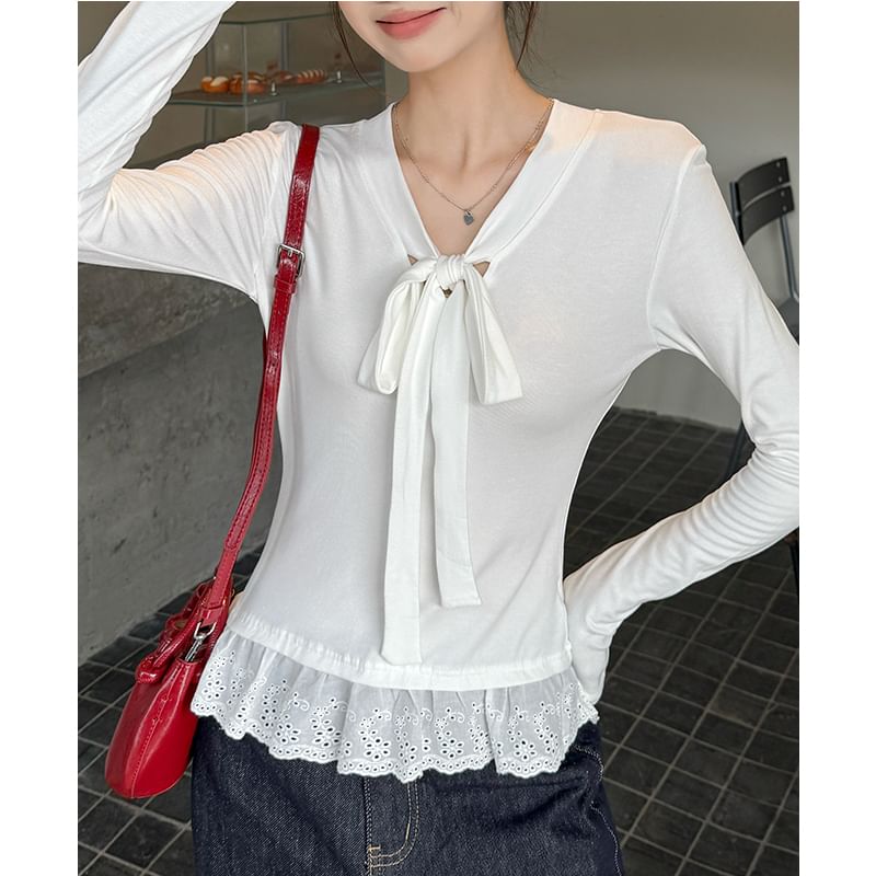 V-Neck Long-Sleeved Tee with Tie-Front and Eyelet Trim