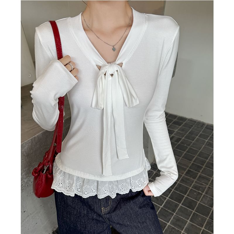 V-Neck Long-Sleeved Tee with Tie-Front and Eyelet Trim