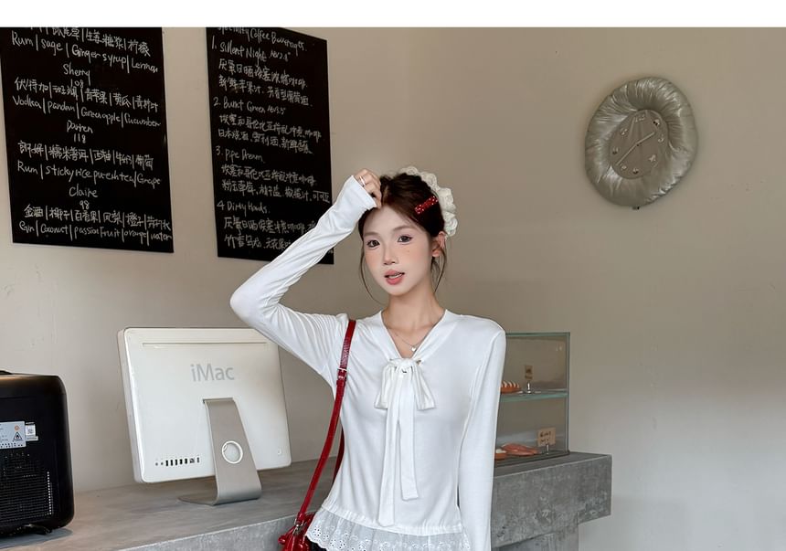 V-Neck Long-Sleeved Tee with Tie-Front and Eyelet Trim