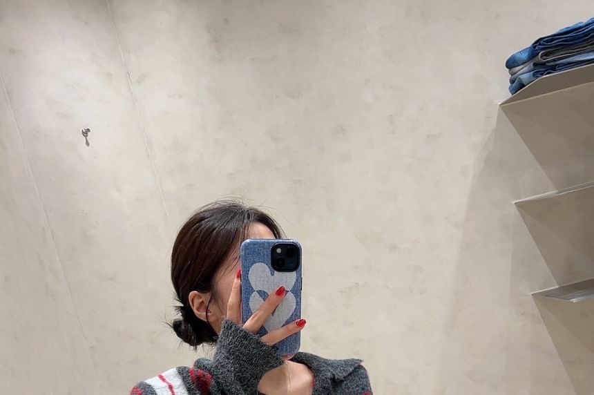 Striped Sweater with Collar and Henley Neckline