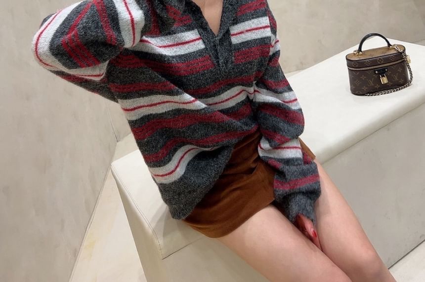 Striped Sweater with Collar and Henley Neckline
