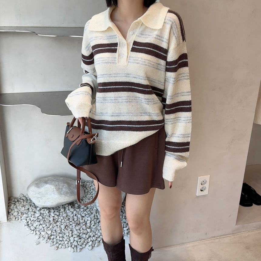 Striped Sweater with Collar and Henley Neckline
