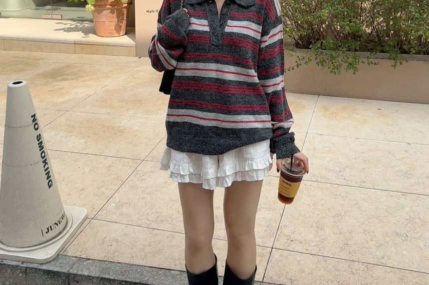 Striped Sweater with Collar and Henley Neckline