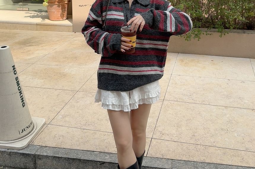 Striped Sweater with Collar and Henley Neckline