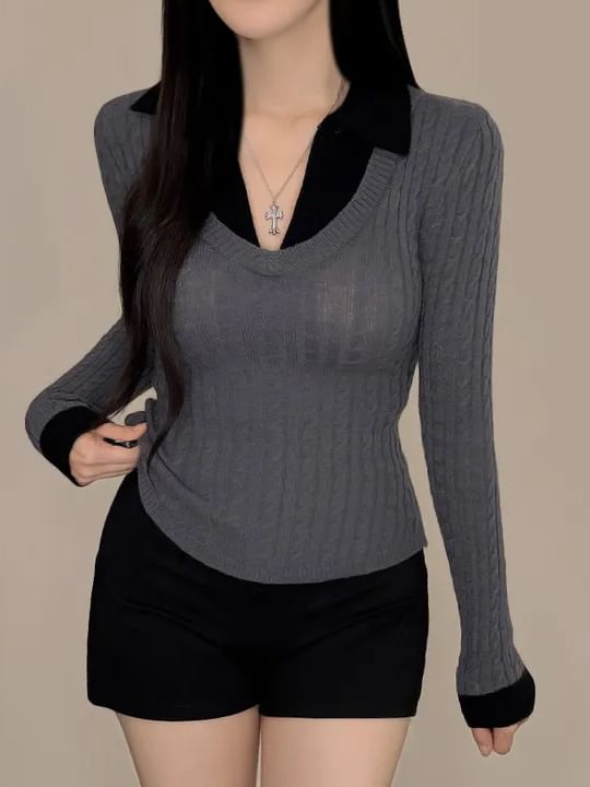Mock Two-Piece Cable Knit Top with Long Sleeves, V-Neck, and Collar