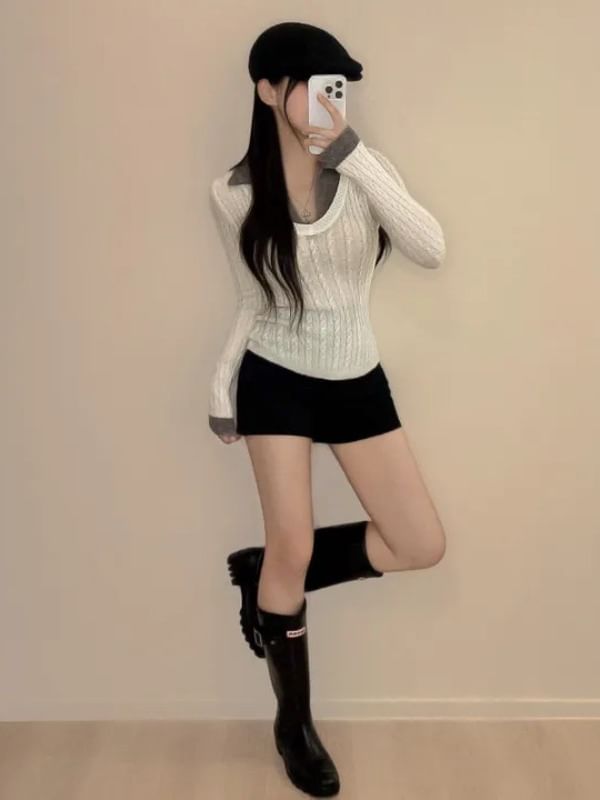 Mock Two-Piece Cable Knit Top with Long Sleeves, V-Neck, and Collar