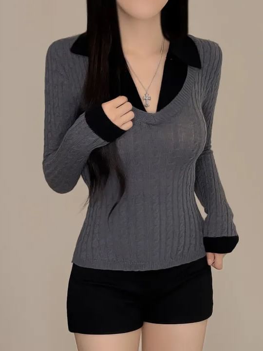 Mock Two-Piece Cable Knit Top with Long Sleeves, V-Neck, and Collar
