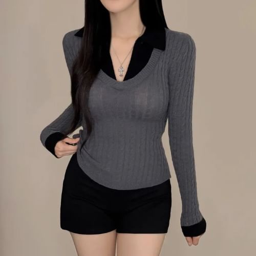 Mock Two-Piece Cable Knit Top with Long Sleeves, V-Neck, and Collar