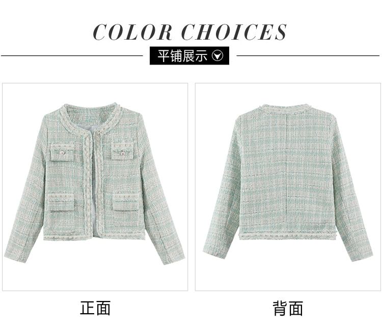 Round Neck Tweed Open Front Jacket