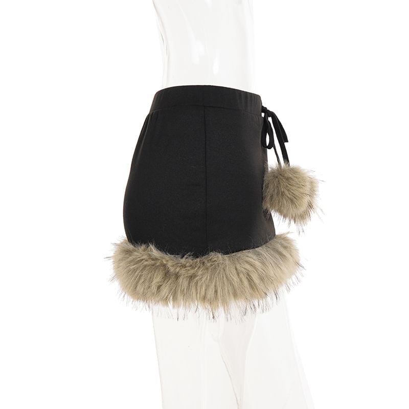 Fluffy Trim Pom Pom Mid Rise Pencil Skirt