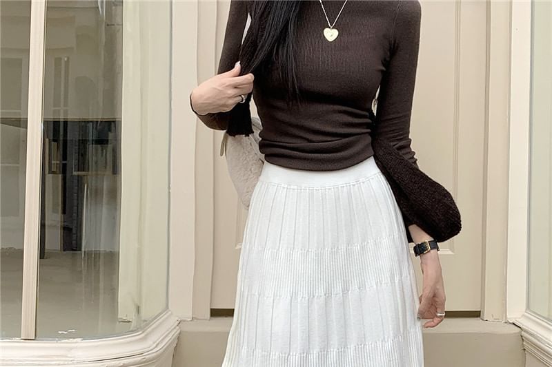 Ribbed Knit Maxi A-Line Skirt High Waist