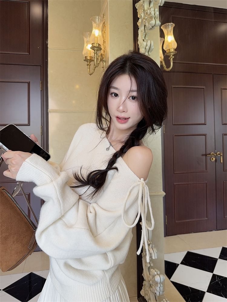 Off-Shoulder Solid Knit Top with Long Sleeves