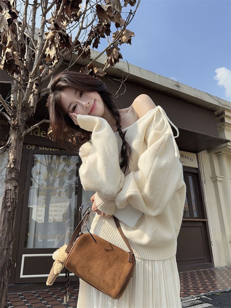 Off-Shoulder Solid Knit Top with Long Sleeves