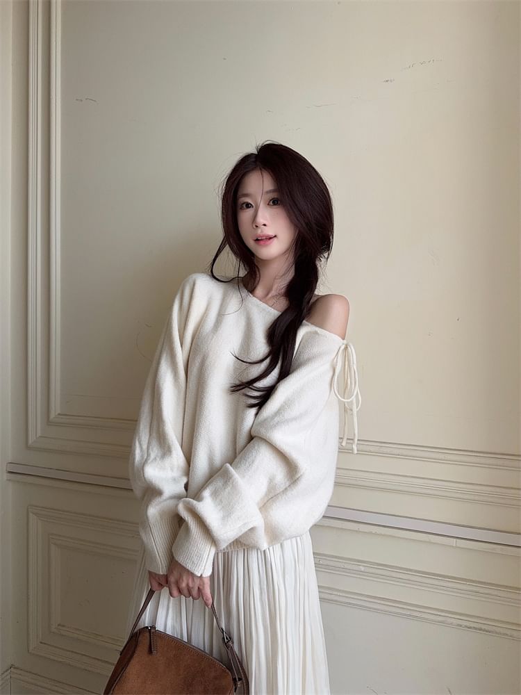 Off-Shoulder Solid Knit Top with Long Sleeves