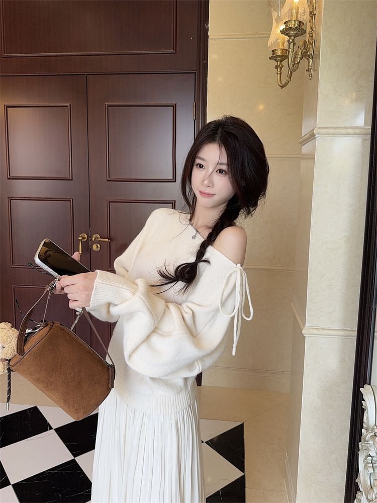 Off-Shoulder Solid Knit Top with Long Sleeves