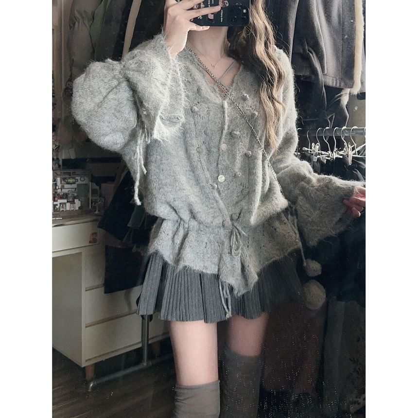 V-Neck Pom Pom Perforated Button-Up Plain Cardigan