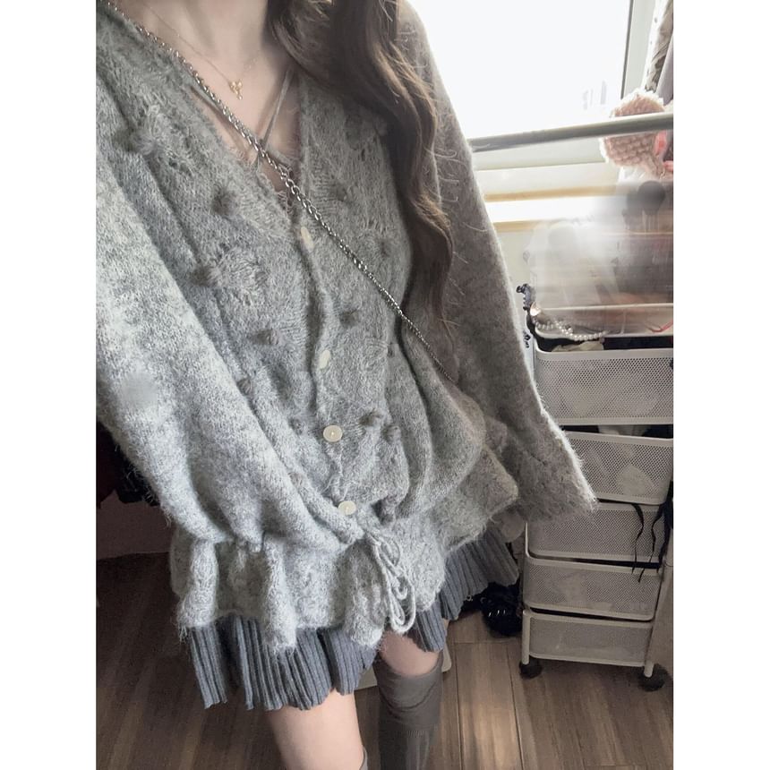 V-Neck Pom Pom Perforated Button-Up Plain Cardigan