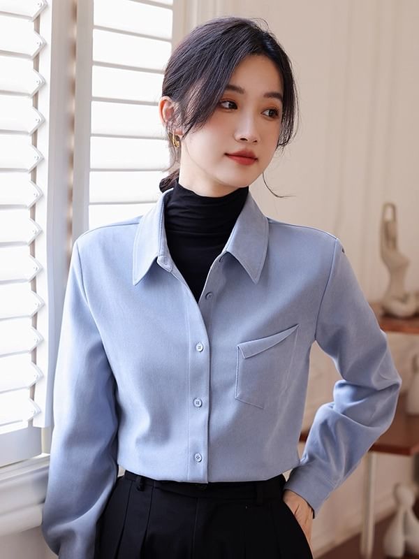 Collared Button-Up Blouse with Long Sleeves, Plain Design