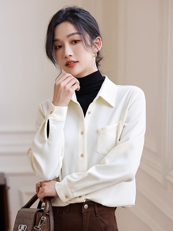 Collared Button-Up Blouse with Long Sleeves, Plain Design