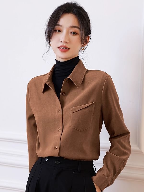 Collared Button-Up Blouse with Long Sleeves, Plain Design