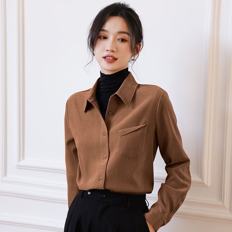 Collared Button-Up Blouse with Long Sleeves, Plain Design