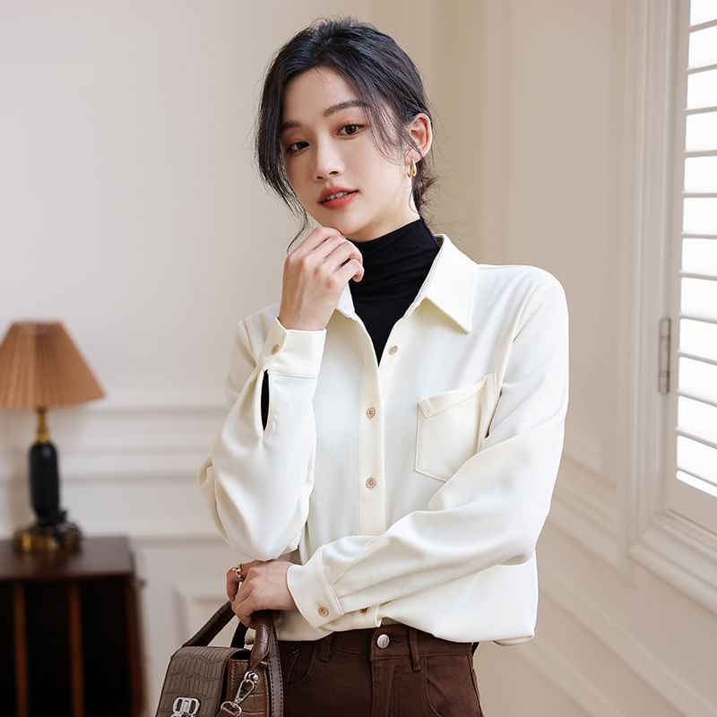 Collared Button-Up Blouse with Long Sleeves, Plain Design