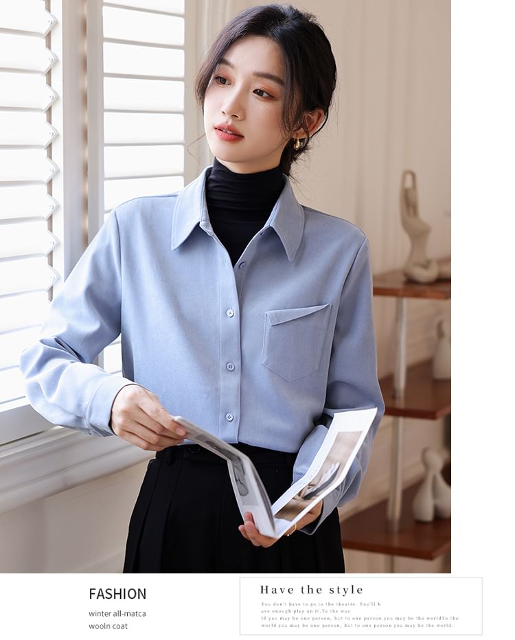 Collared Button-Up Blouse with Long Sleeves, Plain Design