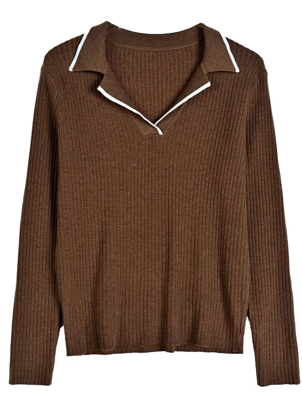 Lapel Collar Knit Top with Long Sleeves and Contrast Trim
