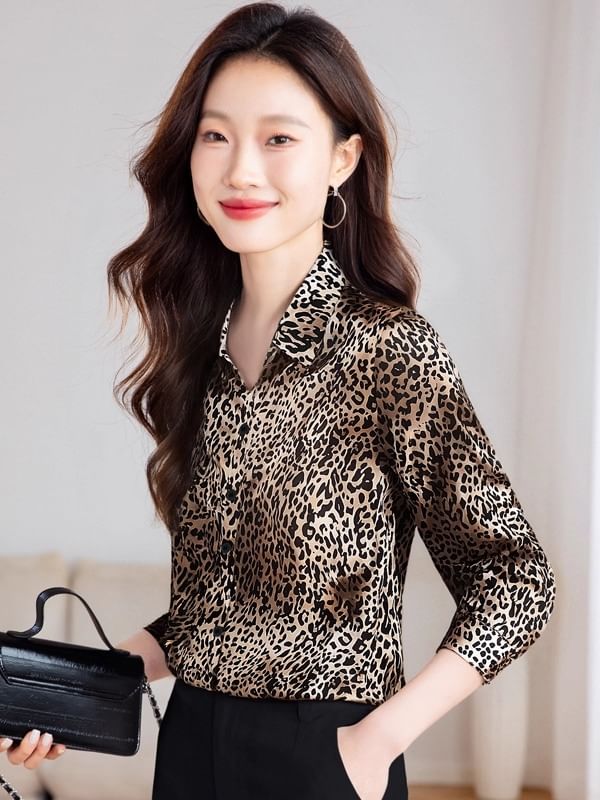 Leopard Print Button-Up Collared Blouse with Long Sleeves
