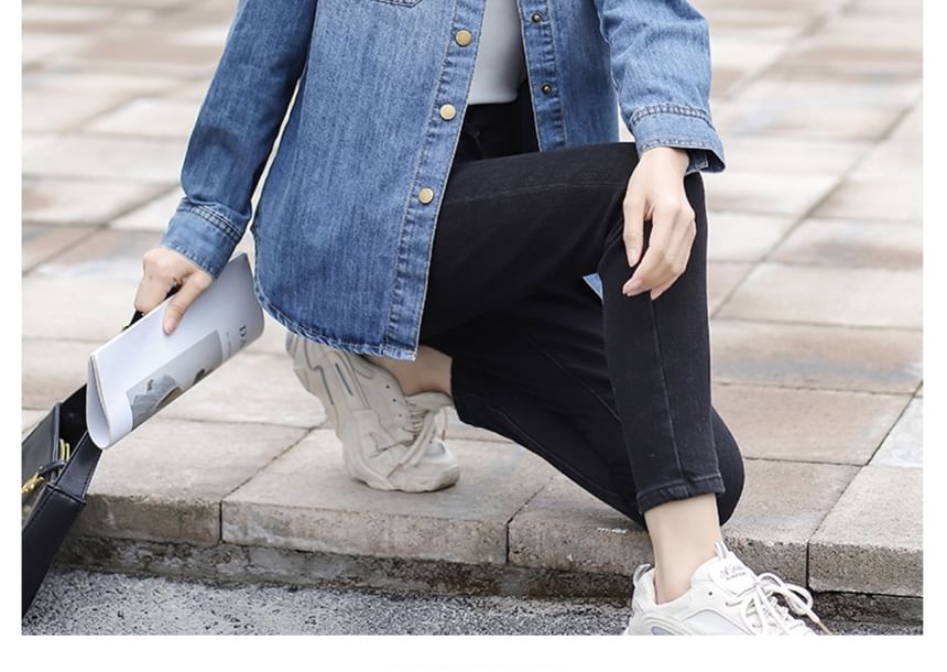 Washed Denim Shirt Jacket with Button-Up Front