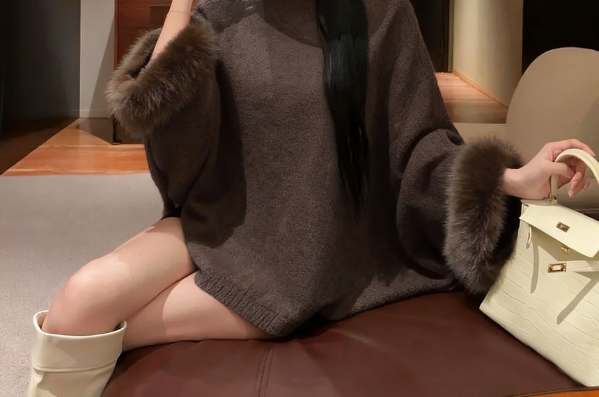 Batwing-Sleeve Sweater with Boat Neck, Fluffy Cuffs, and Plain Design
