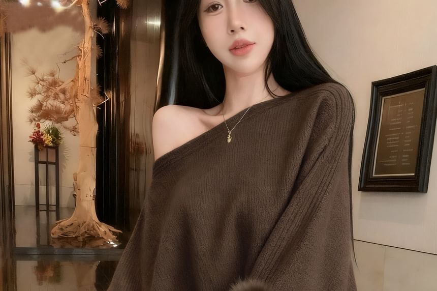 Batwing-Sleeve Sweater with Boat Neck, Fluffy Cuffs, and Plain Design