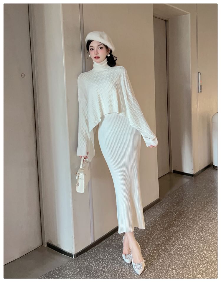 Set: Batwing-Sleeve Turtleneck Cable Knit Crop Top + Sleeveless Round Neck Slit Maxi Sheath Knit Dress
