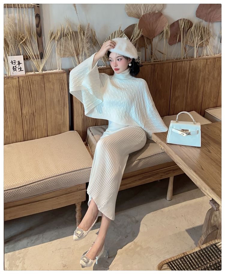 Set: Batwing-Sleeve Turtleneck Cable Knit Crop Top + Sleeveless Round Neck Slit Maxi Sheath Knit Dress