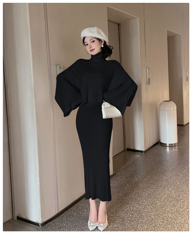 Set: Batwing-Sleeve Turtleneck Cable Knit Crop Top + Sleeveless Round Neck Slit Maxi Sheath Knit Dress