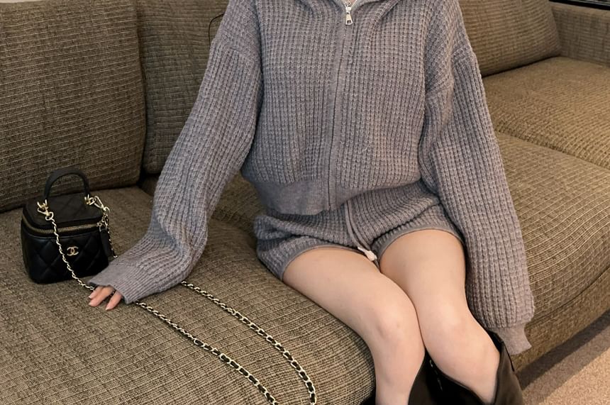 Cropped Knit Zip Hoodie & Drawstring Jogger Two-Piece Set